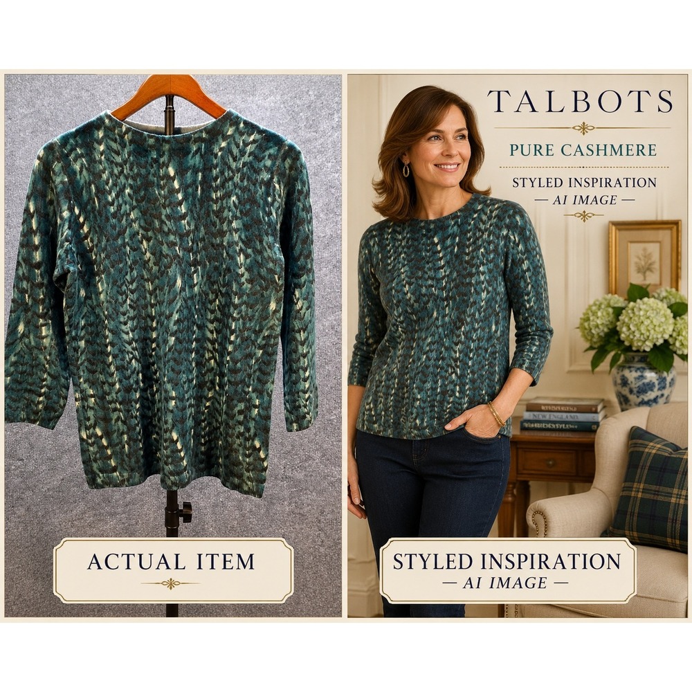 Talbots Cashmere Sweater Women's M Teal Black Abstract Print Crew Neck Excellent